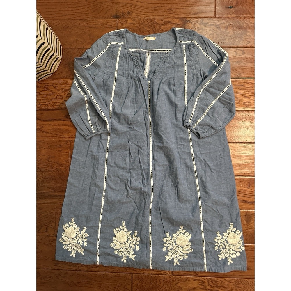 Pink Chicken NY Blue Chambray Dress Embroidered Floral Boho Cotton Size S